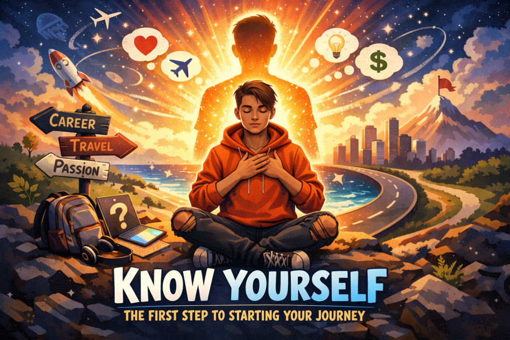 Young man in meditative pose trying to know his inner self