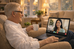 Rob speaking with Gen Z woman via videoconferencing