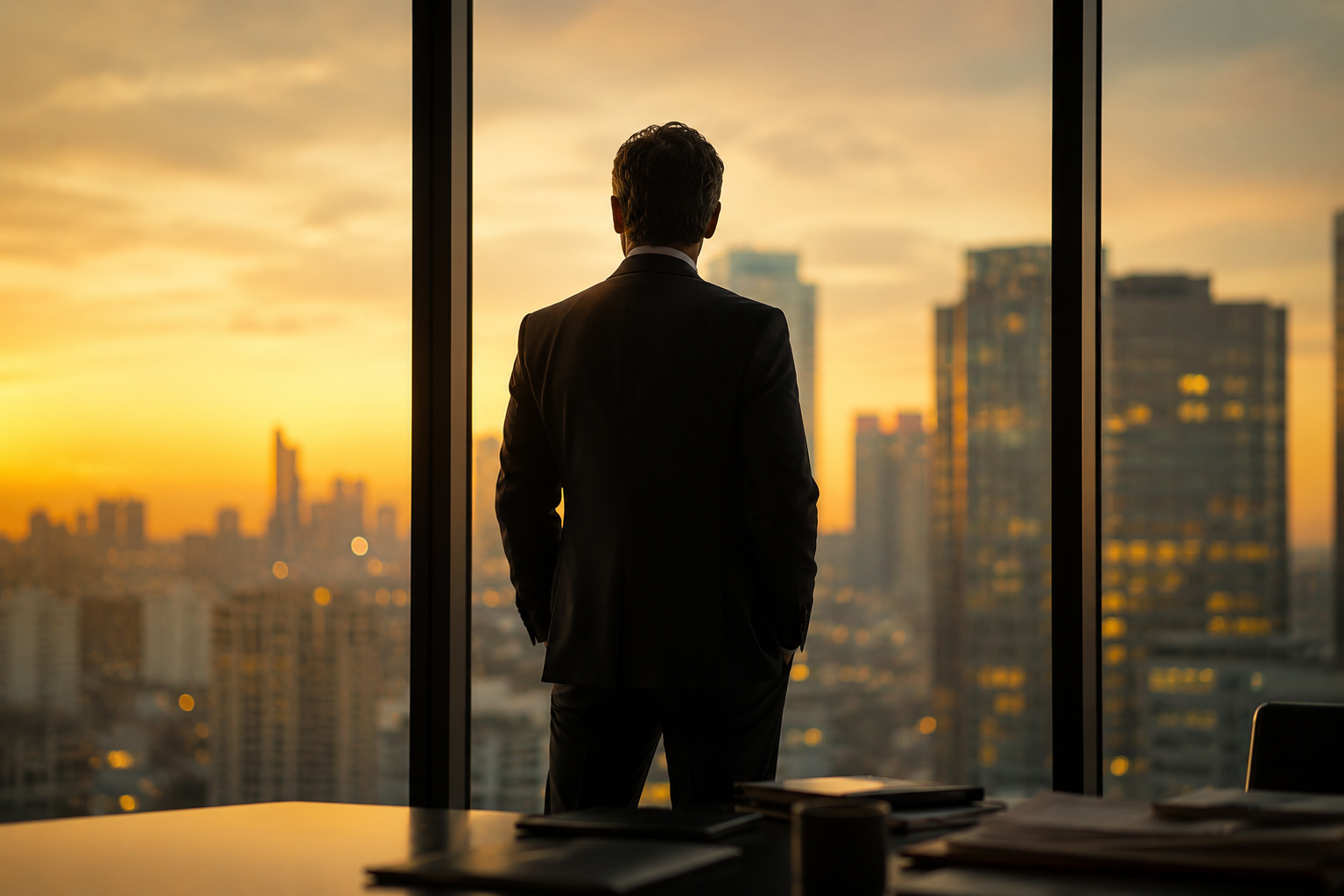 Businessperson in a dark suit stands at a window, gazing at a sunset-lit city skyline from an office.
